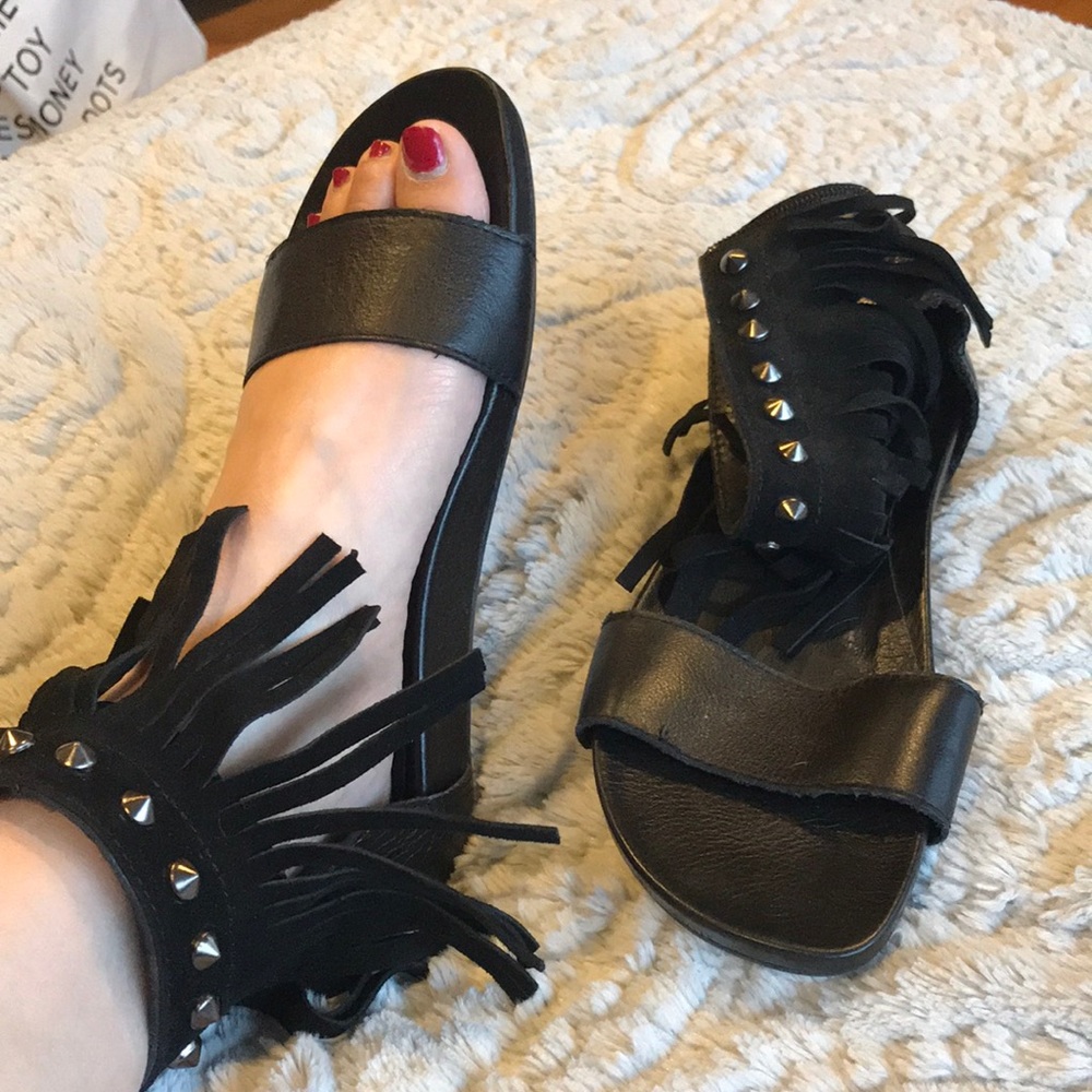 Barneys New York Rockstud Leather Fringe Sandals